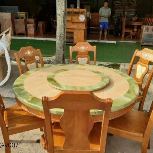 Bộ bàn ăn mặt đá tròn cao cấp nội thất Greenfurni GR007 4 mat da marble nguyen khoi