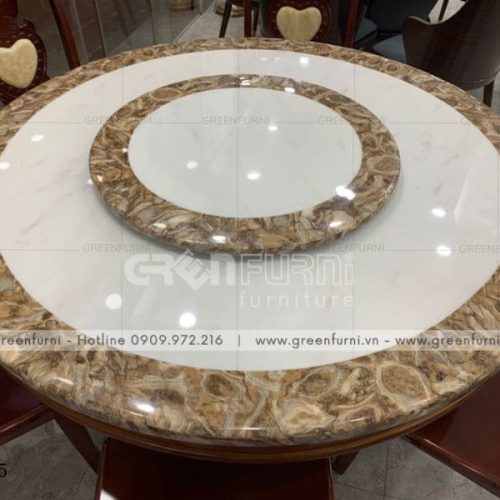 Bộ bàn ăn tròn mặt đá nguyên khối nội thất Greenfurni GR005 6 mat da marble nguyen khoi