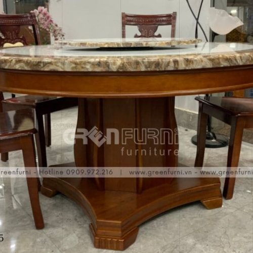 Bộ bàn ăn tròn mặt đá nguyên khối nội thất Greenfurni GR005 8 bo ban an go nguyen khoi