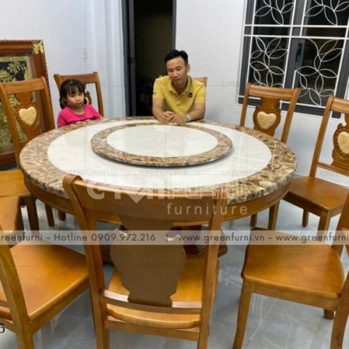Bộ bàn ăn tròn mặt đá nguyên khối nội thất Greenfurni GR005 9 ban an tron mat da marble 35mm
