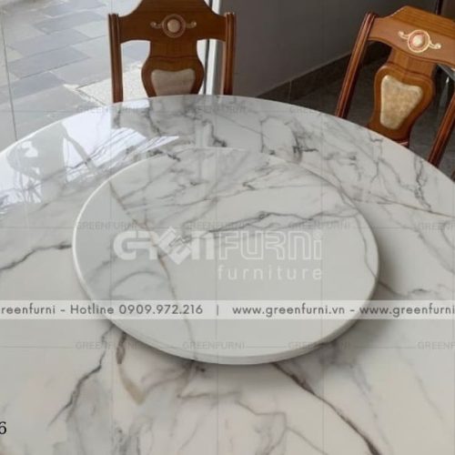 Bộ bàn ăn mặt đá tròn cao cấp nội thất Greenfurni GR006 6 da marble nguyen khoi nhap khau