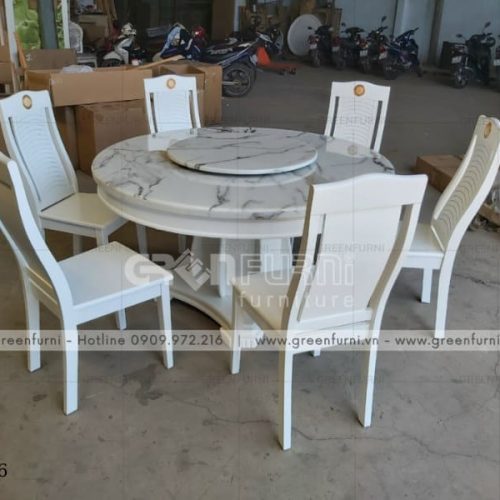 Bộ bàn ăn mặt đá tròn cao cấp nội thất Greenfurni GR006 7 ban an mat da noi that greenfurni