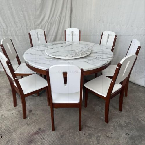 Bộ bàn ăn mặt đá tròn cao cấp nội thất Greenfurni GR006 8 bo ban an tron lơn noi that phong an
