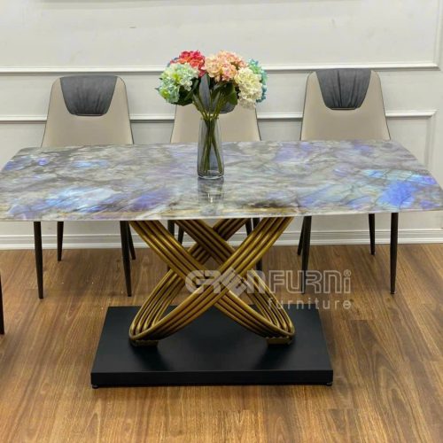 Bàn ăn cao cấp chân mạ vàng mặt đá ngọc thạch AG21