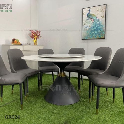 Bộ bàn ăn tròn mặt đá chân sắt Tulips nội thất Greenfurni GR024 5 bo ban da tulips nhap khau