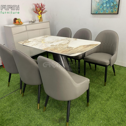 Bộ bàn ăn ceramic chân sắt tĩnh điện thiết kế GR60028 14 ban an mat da TD60028 10