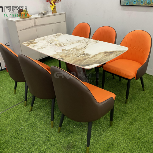 Bộ bàn ăn ceramic chân sắt tĩnh điện thiết kế GR60028 16 ban an mat da TD60028 8