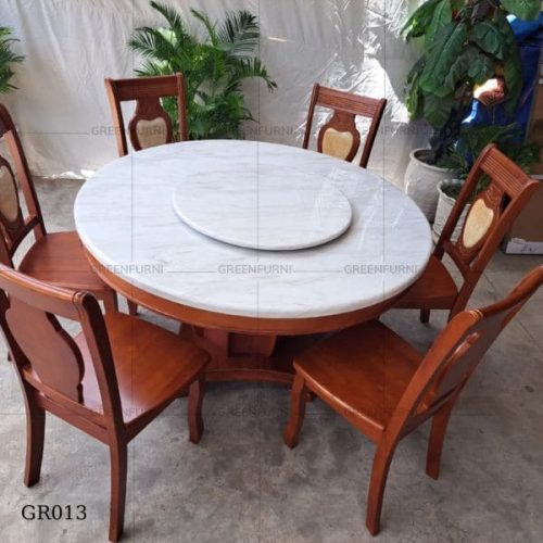Bộ bàn ăn tròn DOHA mặt đá nội thất Greenfurni GR013 7 bo ban da nguyen khoi