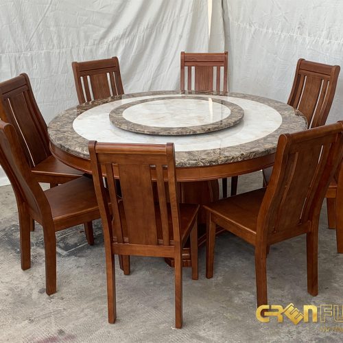 Bộ bàn ăn tròn mặt đá cao cấp nội thất Greenfurni GR017 5 ban an mat da nguyen khoi