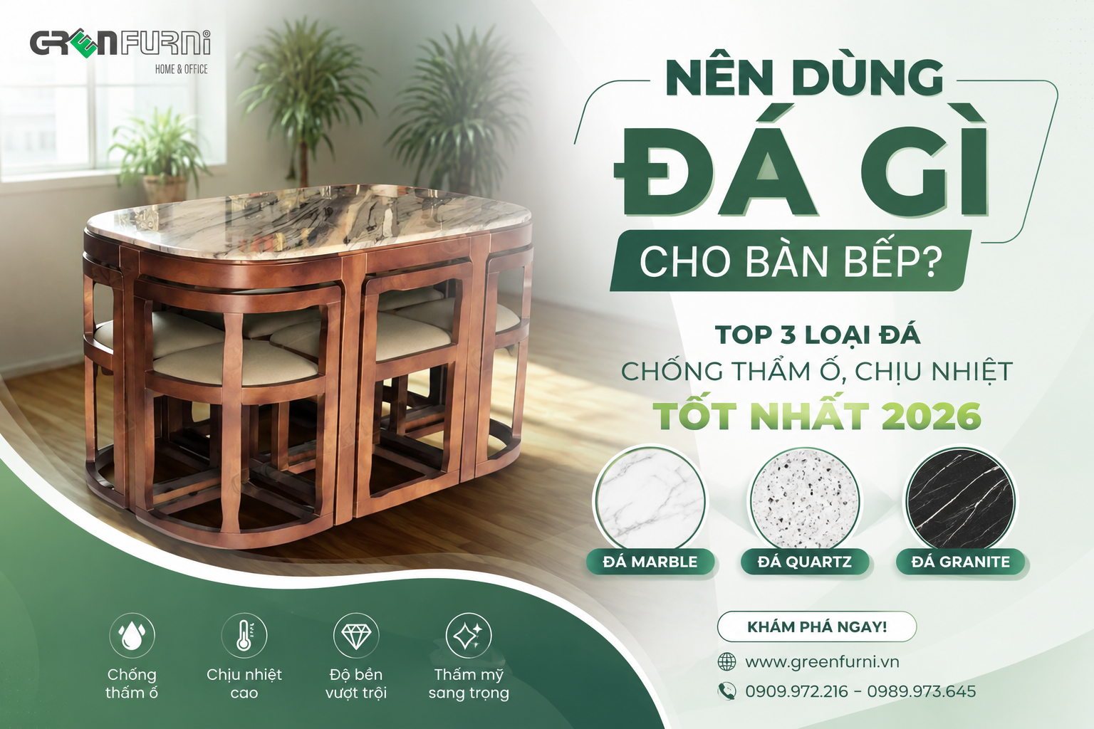 Nên Dùng Đá Gì Cho Bàn Bếp? Top 3 Loại Đá Chống Thấm Ố, Chịu Nhiệt Tốt Nhất 2026
