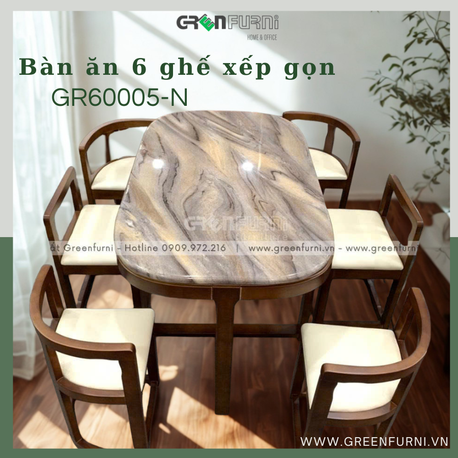 Nên dùng đá gì cho bàn bếp - Bộ bàn ăn 6 ghế xếp gọn mặt đá Marble GR60005-N
