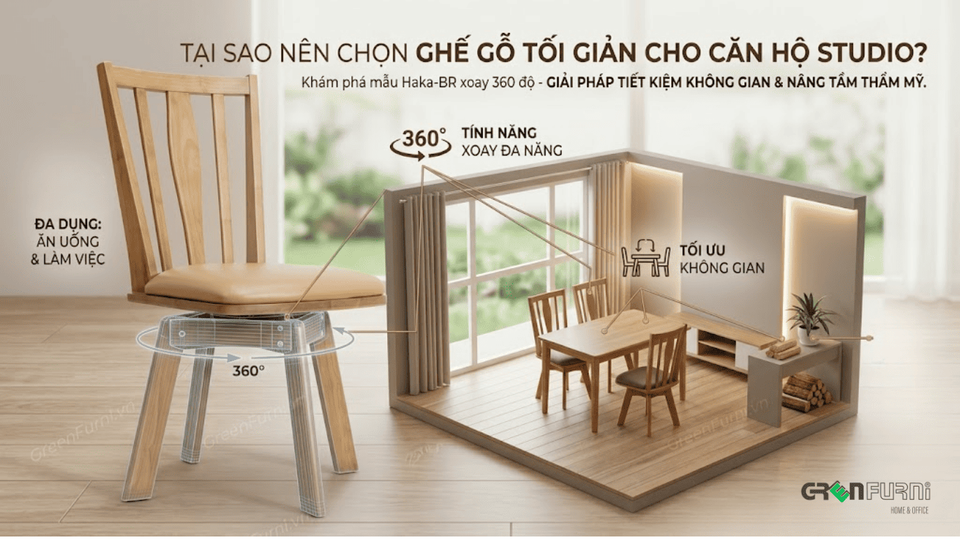 Ghế gỗ tối giản cho căn hộ studio mẫu Haka-BR xoay 360 độ