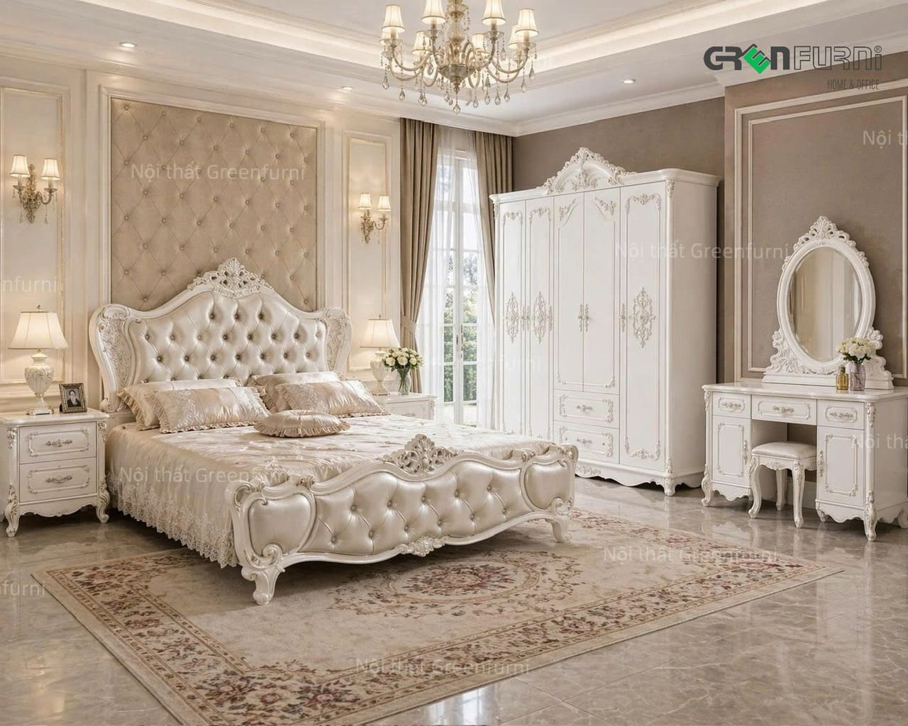 Combo giường tủ phòng ngủ tân cổ điển nhập khẩu Greenfurni.