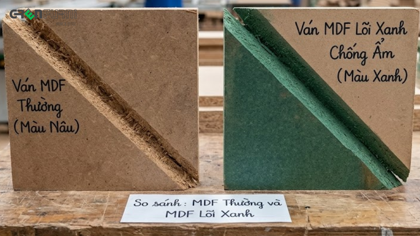 Sự Thật Về Gỗ MDF Lõi Xanh: Có Thần Thánh Như Lời Đồn? 1 So sánh cốt ván gỗ MDF thường màu nâu và gỗ MDF lõi xanh chống ẩm Greenfurni